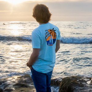 Fetch The Sun Men's Surf T-Shirt | Ice Blue Dog Dad Tee, Dog Lover Beach Shirt